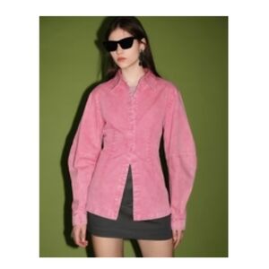 Trendy Puffed Sleeves 100% Cotton Fitted Pink Button-Down Women's Shirt - Size L